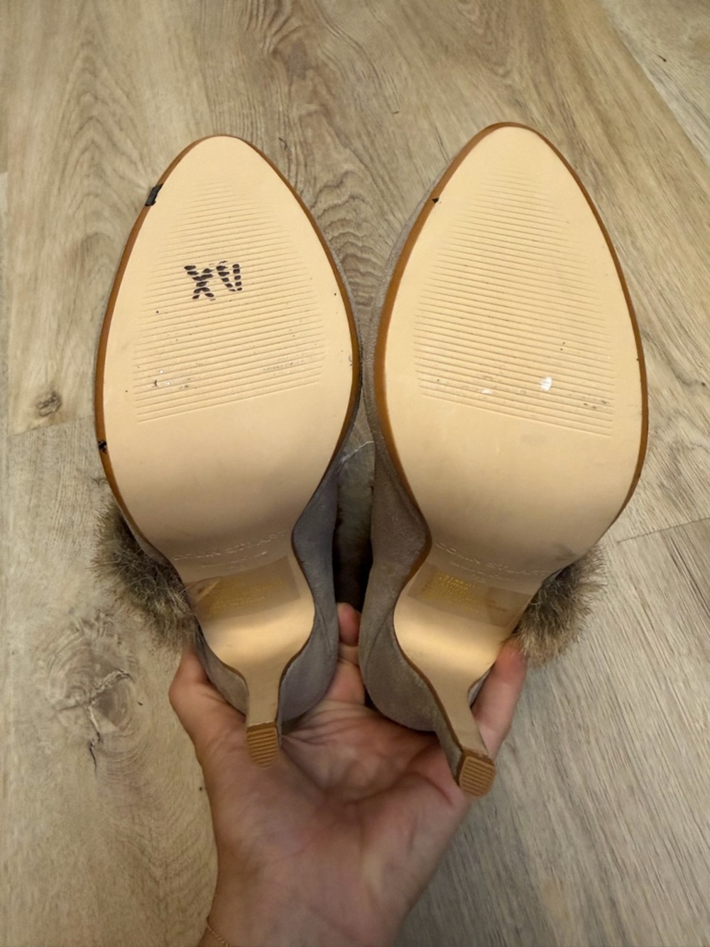 Colin Stuart Taupe Suede Fur Trim High-Heel Booties - Picture 9 of 10
